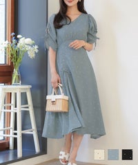 ワンピース 袖開き リボン 袖リボン ギャザー ドット柄 布帛 半袖 チューリップスリーブ 袖開き リボン付き ドット ワンピース le reve vaniller