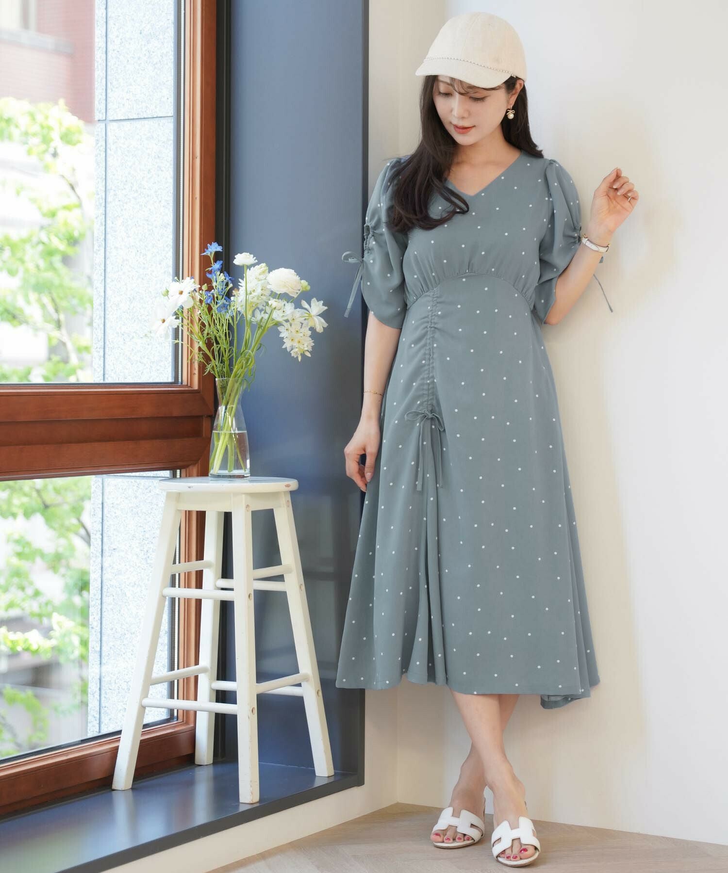 袖開き リボン付き ドット ワンピース le reve vaniller 全3色