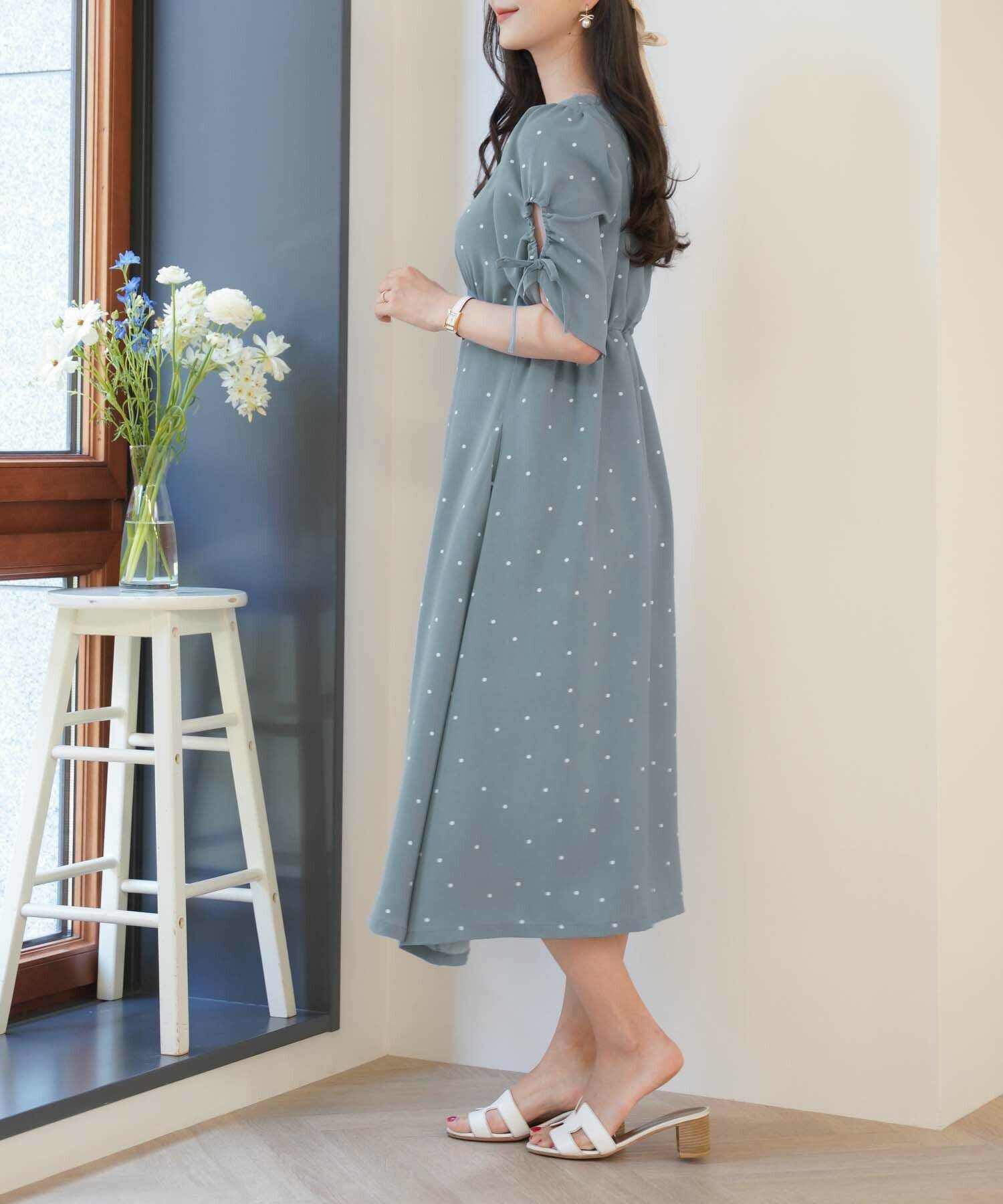 袖開き リボン付き ドット ワンピース le reve vaniller 全3色
