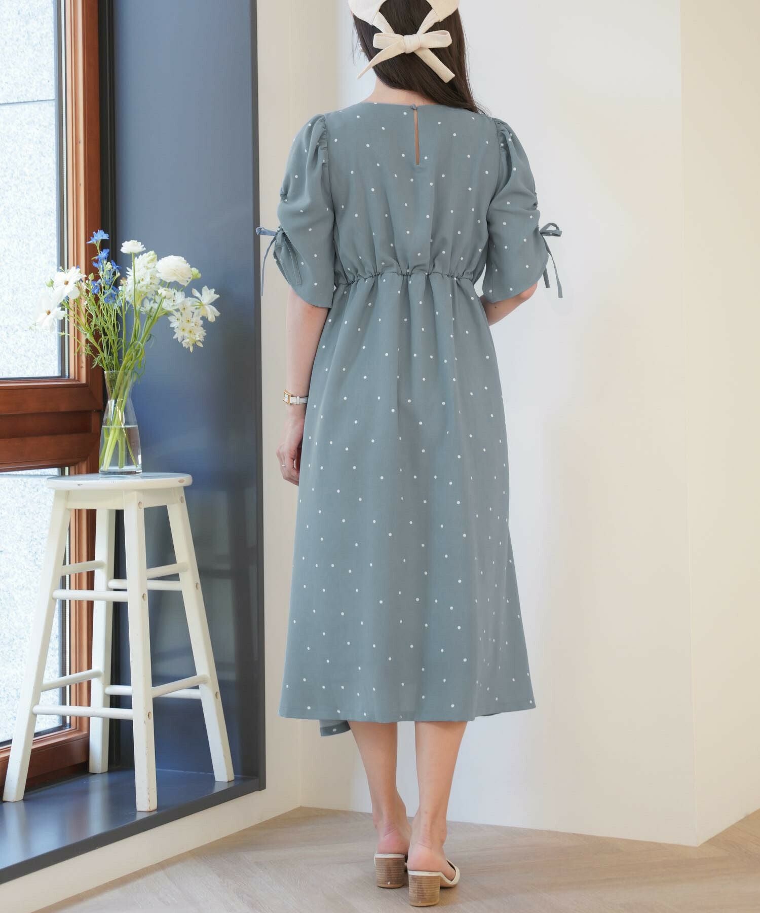 袖開き リボン付き ドット ワンピース le reve vaniller 全3色