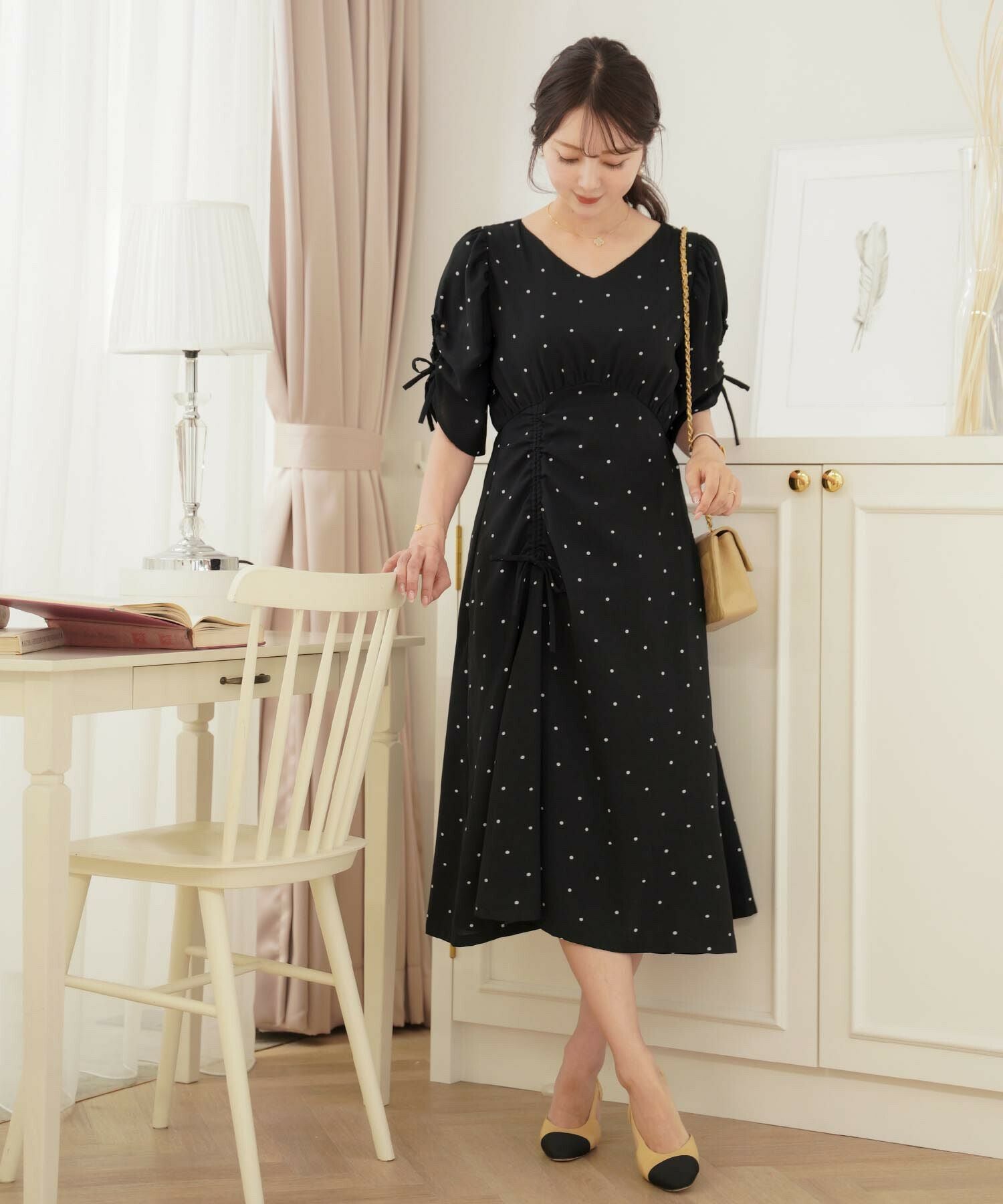 袖開き リボン付き ドット ワンピース le reve vaniller 全3色