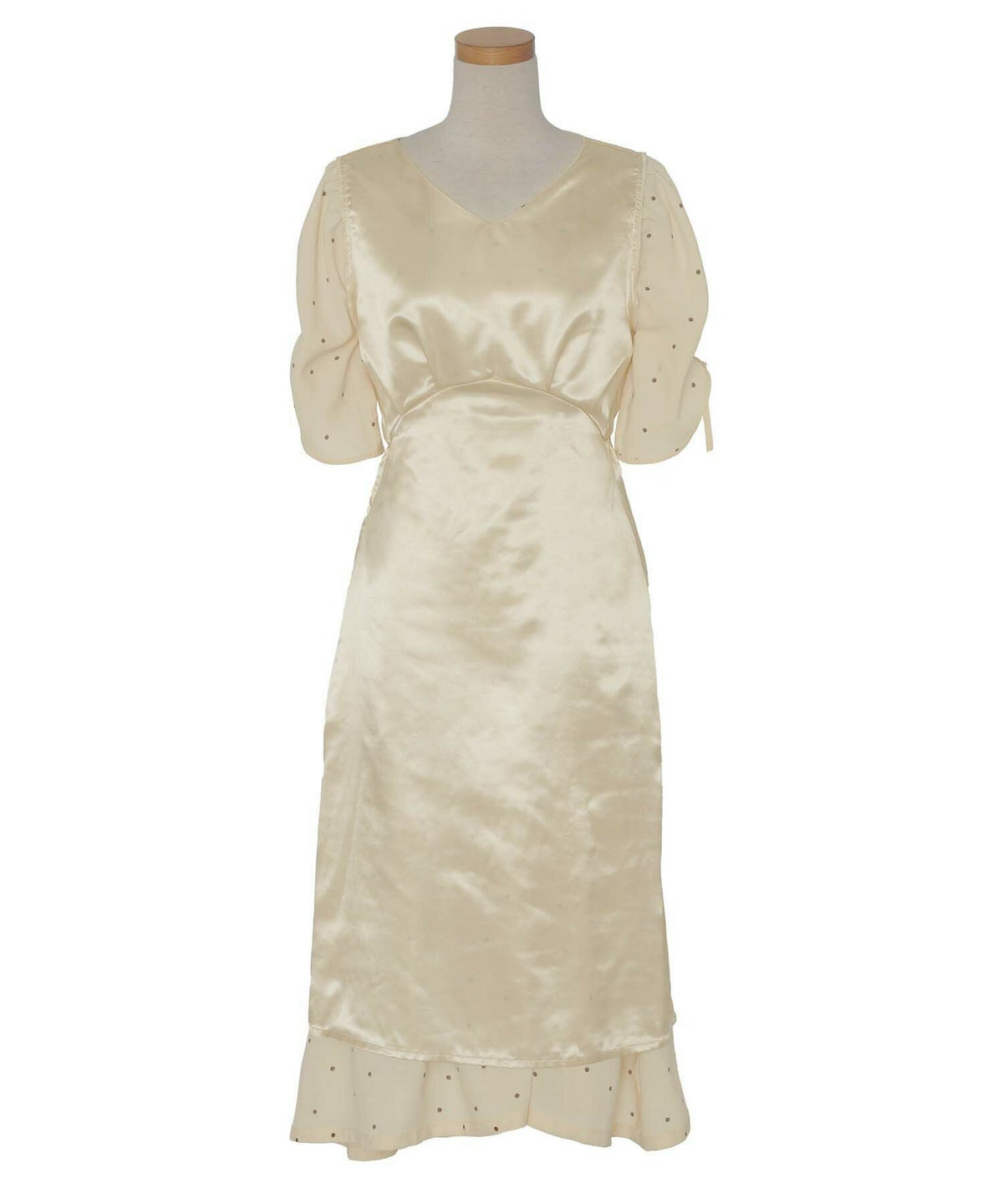 レディース/ワンピース/袖開き/リボン/ギャザー/ドット柄/布帛/半袖/チューリップスリーブ/袖リボン/ハイウエスト/ウエストゴム/エレガント/フェミニン/クラシカル/春/夏/秋/ロング/アイボリー/ブルー/サックス/ブラック/黒