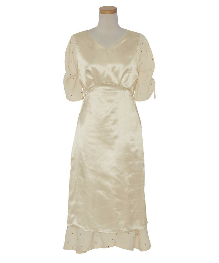 レディース/ワンピース/袖開き/リボン/ギャザー/ドット柄/布帛/半袖/チューリップスリーブ/袖リボン/ハイウエスト/ウエストゴム/エレガント/フェミニン/クラシカル/春/夏/秋/ロング/アイボリー/ブルー/サックス/ブラック/黒