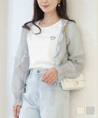 シアーカーディガン シフォン 薄手 ショート丈 フリル 長袖 紫外線対策 羽織 冷房対策 ギャザーフリル シフォン リボン カーディガン le reve vaniller