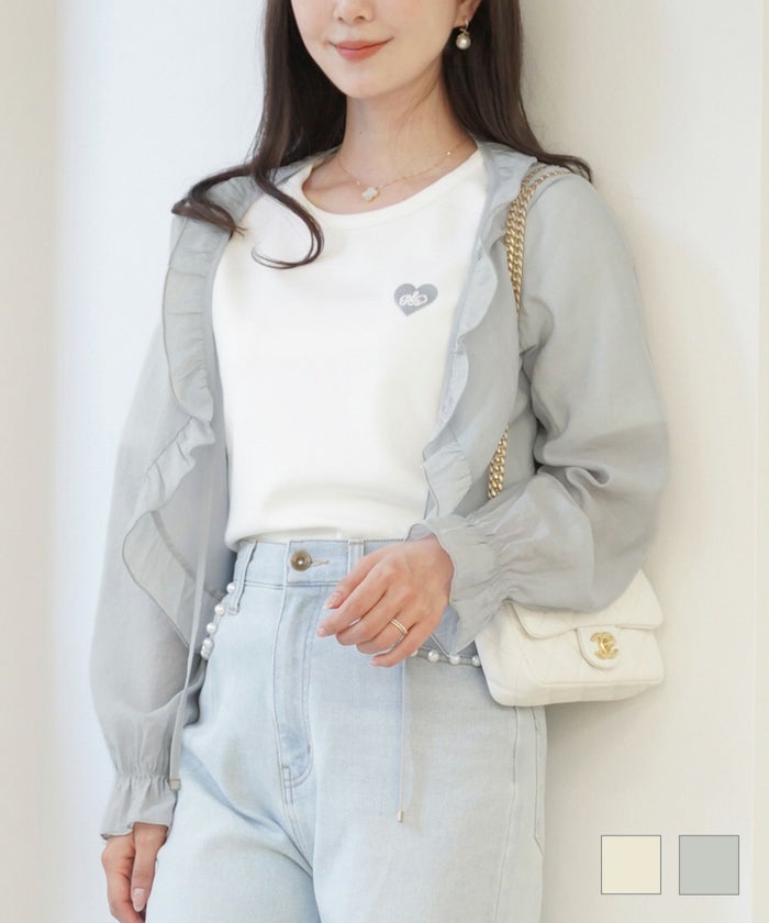 シアーカーディガン シフォン 薄手 ショート丈 フリル 長袖 紫外線対策 羽織 冷房対策 ギャザーフリル シフォン リボン カーディガン le reve vaniller