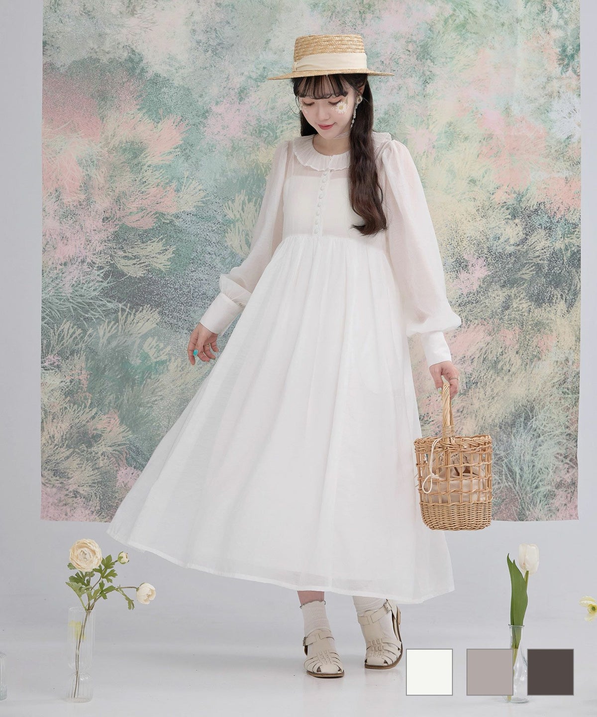 フェミニン ワンピース トレンド シースルー パフスリーブ クラシカル ハイウエスト オフホワイト グレージュ ダークブラウン M フリルカラー 前ボタン ワンピース miolite