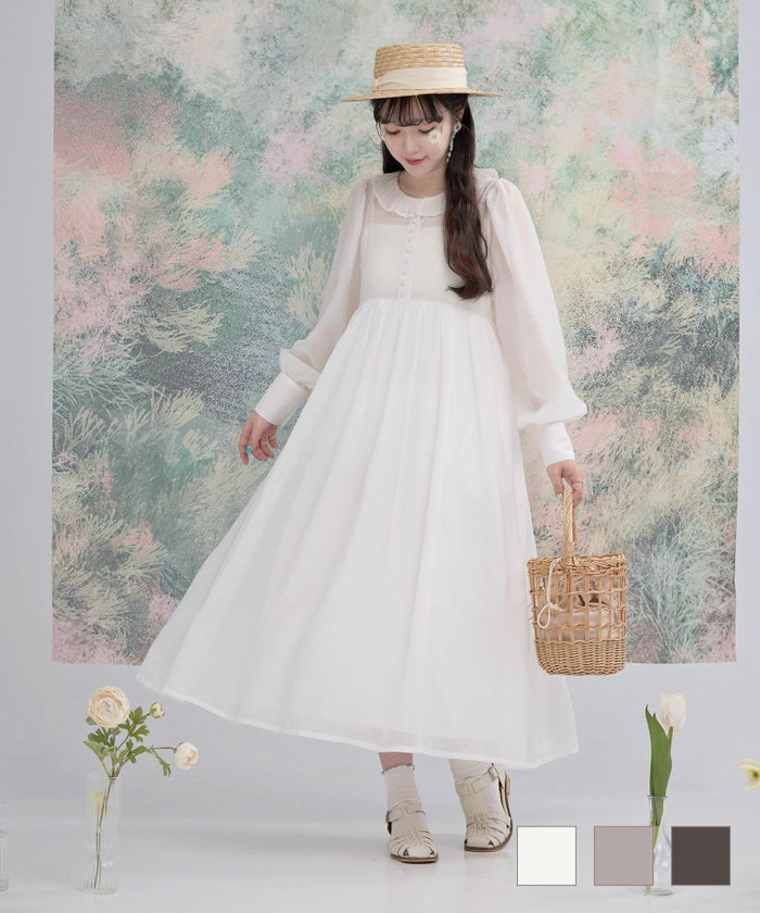 フェミニン ワンピース トレンド シースルー パフスリーブ クラシカル ハイウエスト オフホワイト グレージュ ダークブラウン M フリルカラー 前ボタン ワンピース miolite