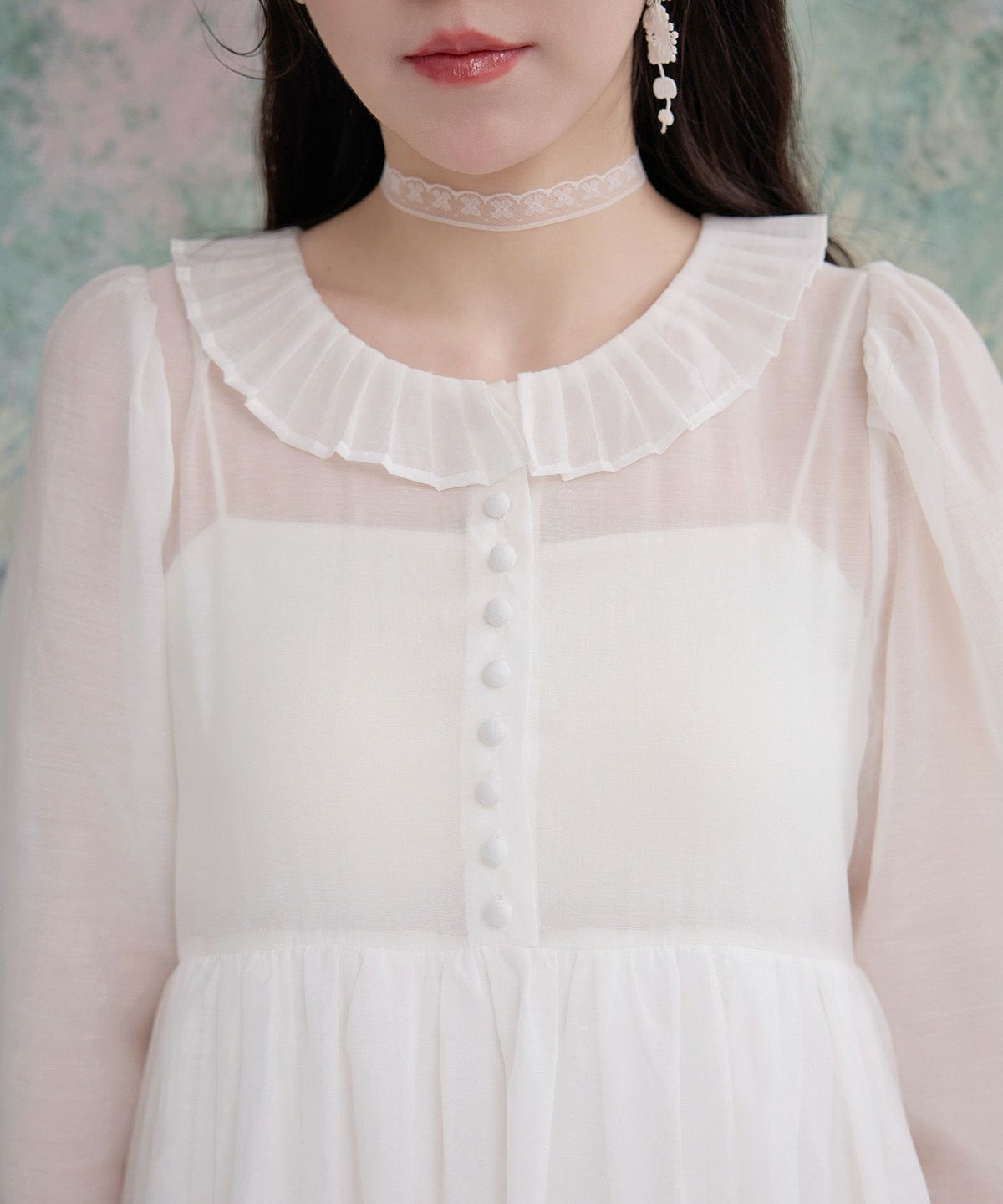 フェミニン ワンピース トレンド シースルー パフスリーブ クラシカル ハイウエスト/オフホワイト/グレージュ/ダークブラウン/M