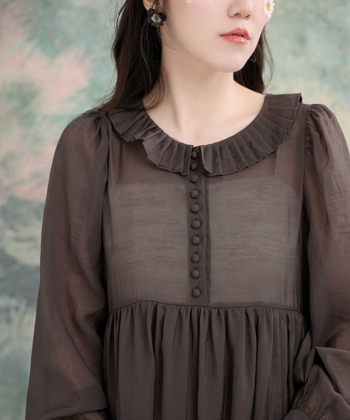 フェミニン ワンピース トレンド シースルー パフスリーブ クラシカル ハイウエスト/オフホワイト/グレージュ/ダークブラウン/M