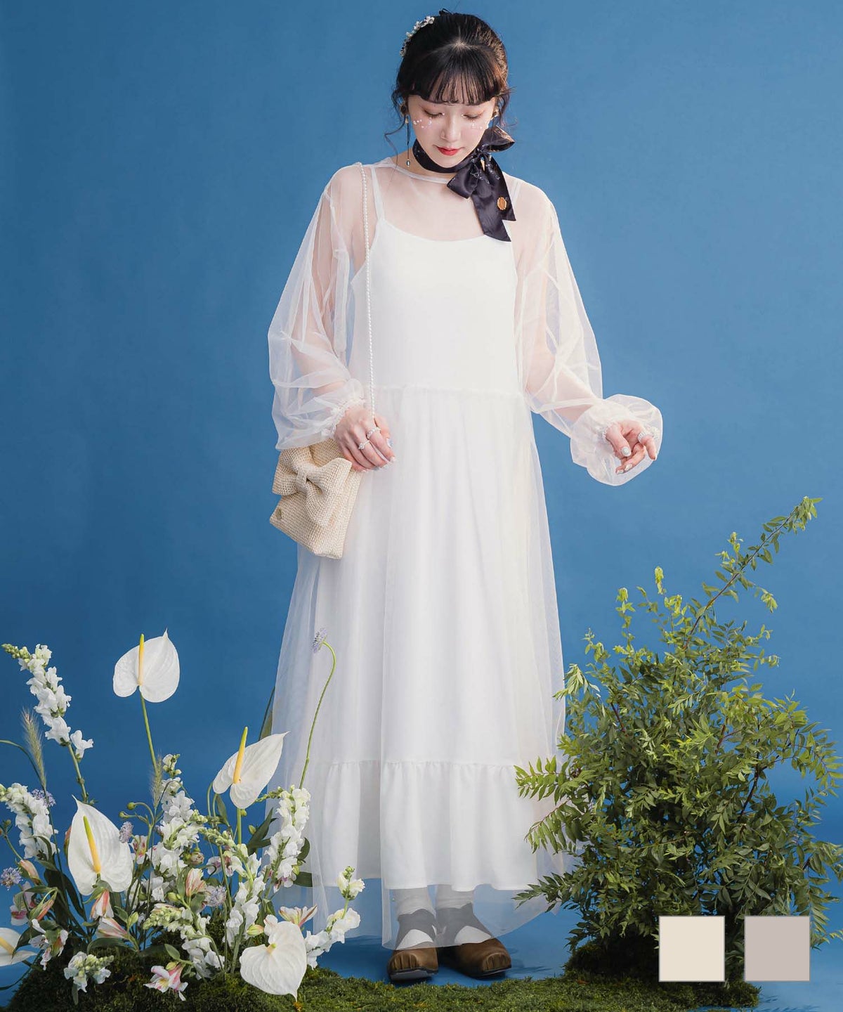 ワンピース レイヤード 透け感 ロング 夏 オフホワイト ライトグレー 長袖 M チュール シアー オーバー ワンピース miolite