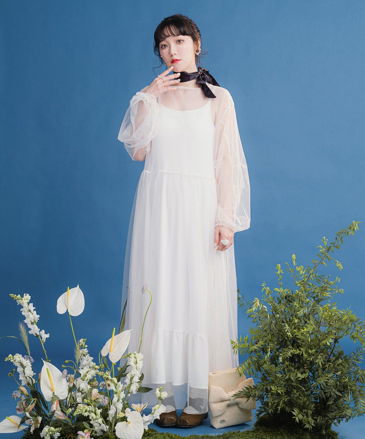 ワンピース/レイヤード/透け感/ロング/夏/オフホワイト/ライトグレー/長袖/M