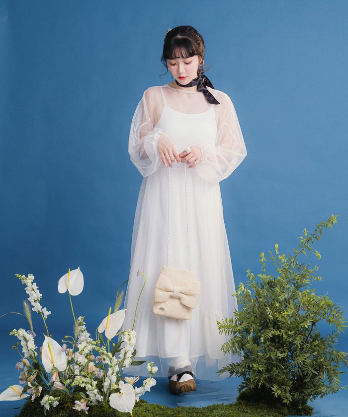 ワンピース/レイヤード/透け感/ロング/夏/オフホワイト/ライトグレー/長袖/M