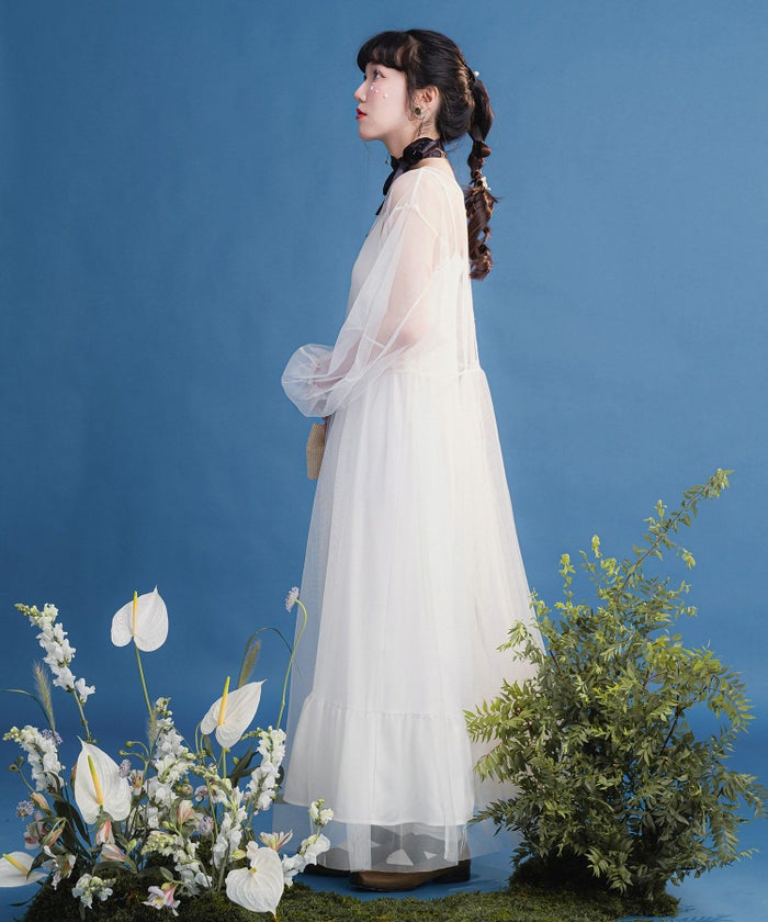 ワンピース/レイヤード/透け感/ロング/夏/オフホワイト/ライトグレー/長袖/M