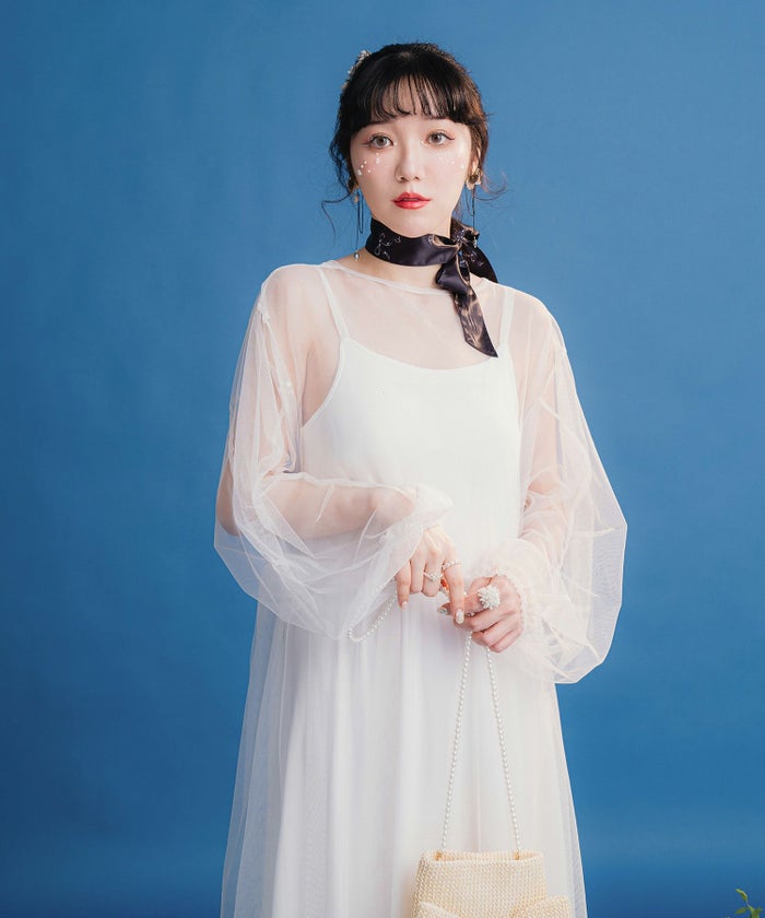 ワンピース/レイヤード/透け感/ロング/夏/オフホワイト/ライトグレー/長袖/M