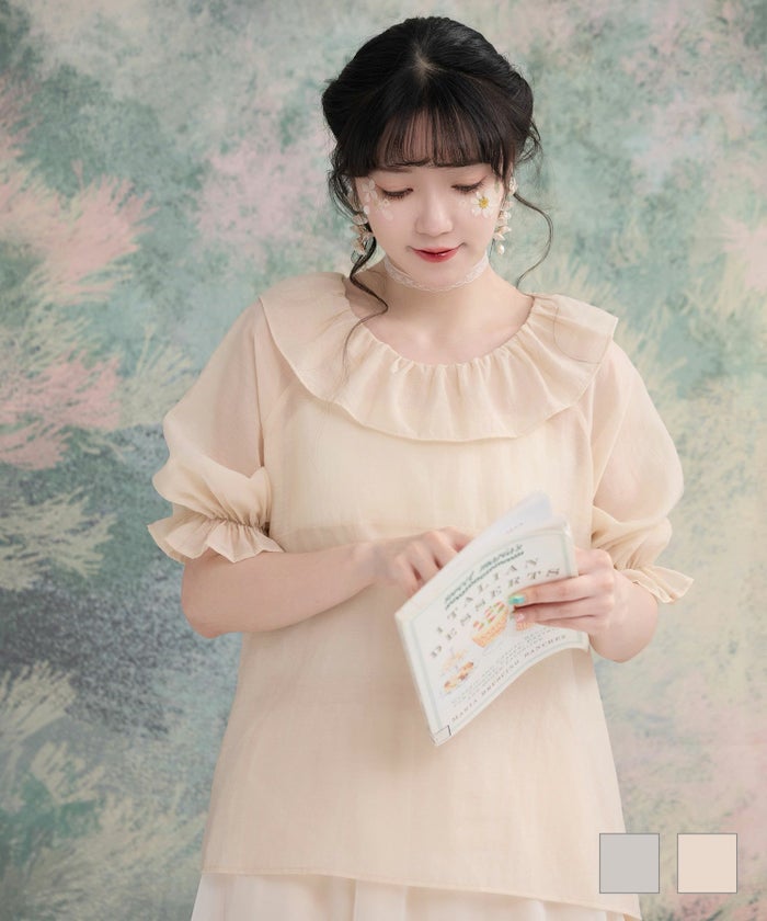 トレンド シアー ギャザー ガーリー カジュアル 2WAY グレー ベージュ M フリルカラー シアー ブラウス miolite