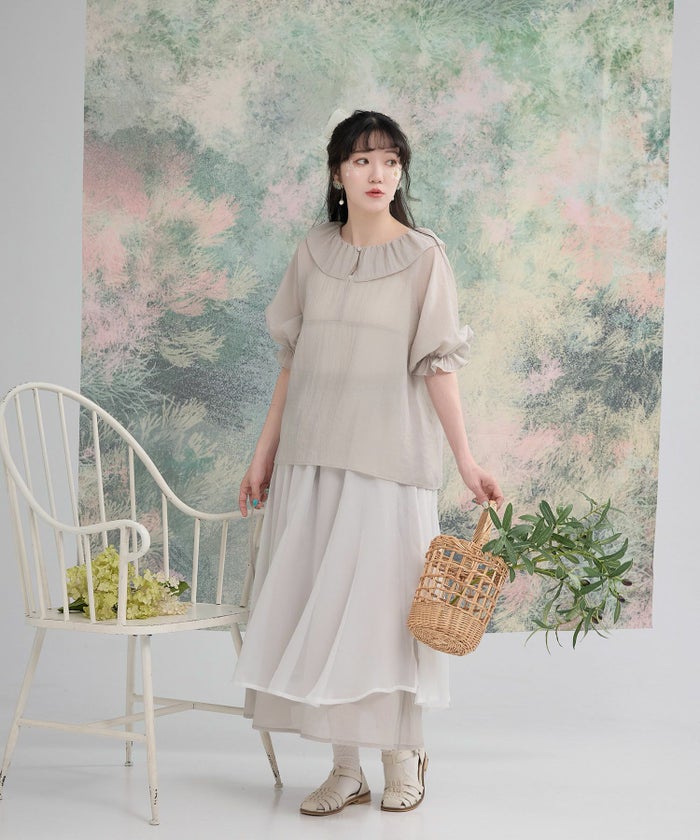 トレンド シアー ギャザー ガーリー カジュアル 2WAY/グレー/ベージュ/M