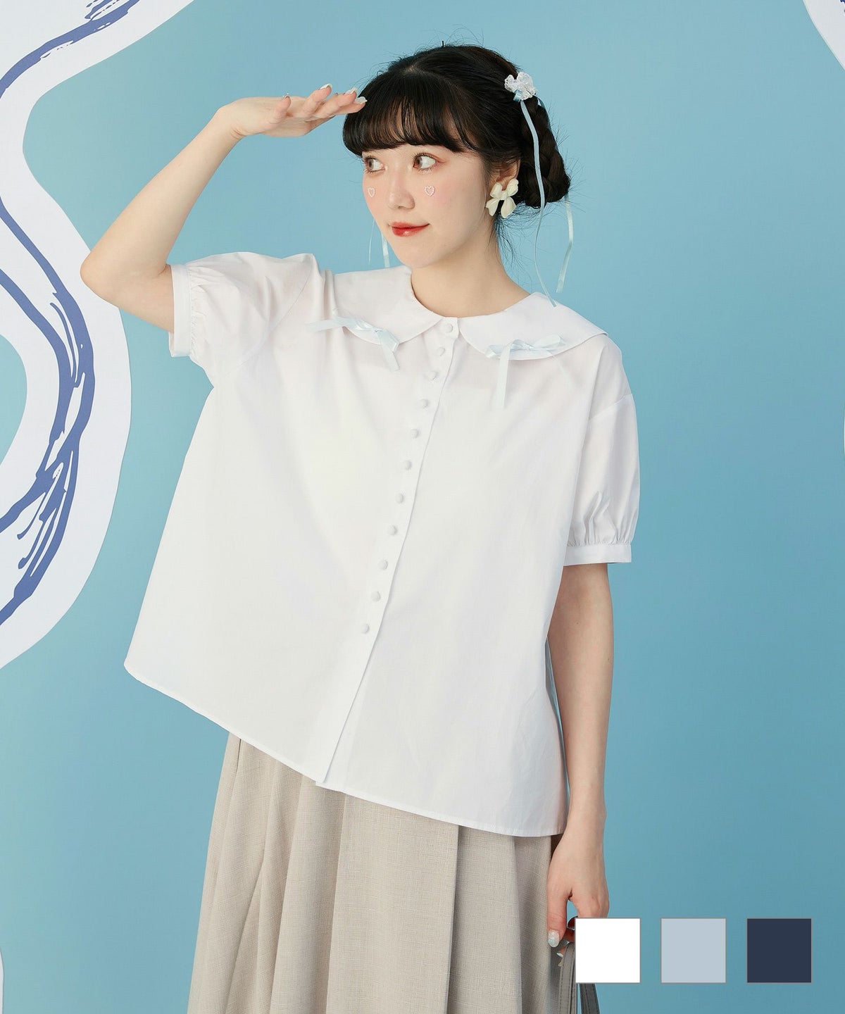 ビックカラー 上品 クラシカル クルミ釦 リボン パフスリーブ ブラウス miolite