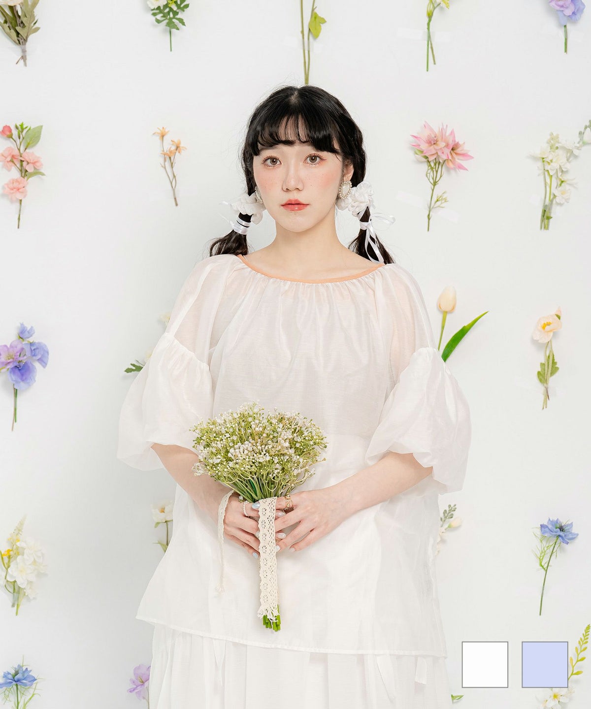 リボン シアー  ギャザー 配色 2WAY バルーン スリーブ ブラウス miolite