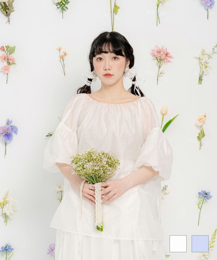 リボン シアー  ギャザー 配色 2WAY バルーン スリーブ ブラウス miolite