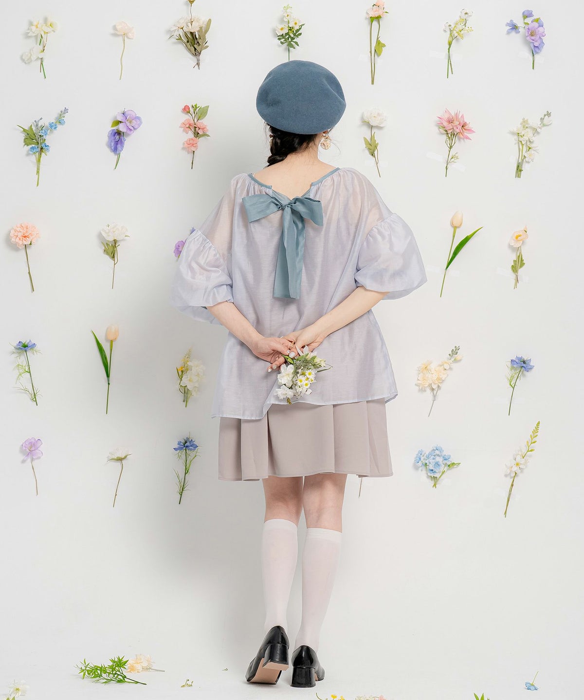 リボン シアー  ギャザー 配色 /ホワイト/ブルー/M