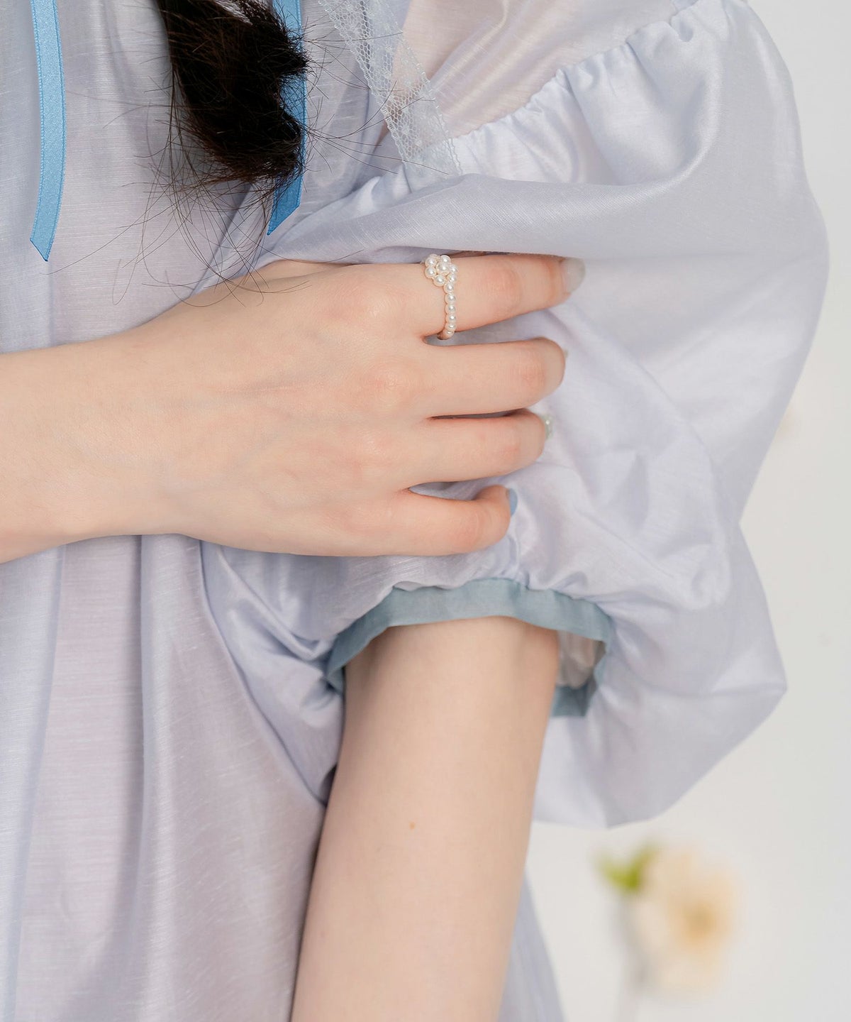 リボン シアー  ギャザー 配色 /ホワイト/ブルー/M