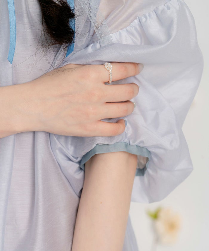 リボン シアー  ギャザー 配色 /ホワイト/ブルー/M