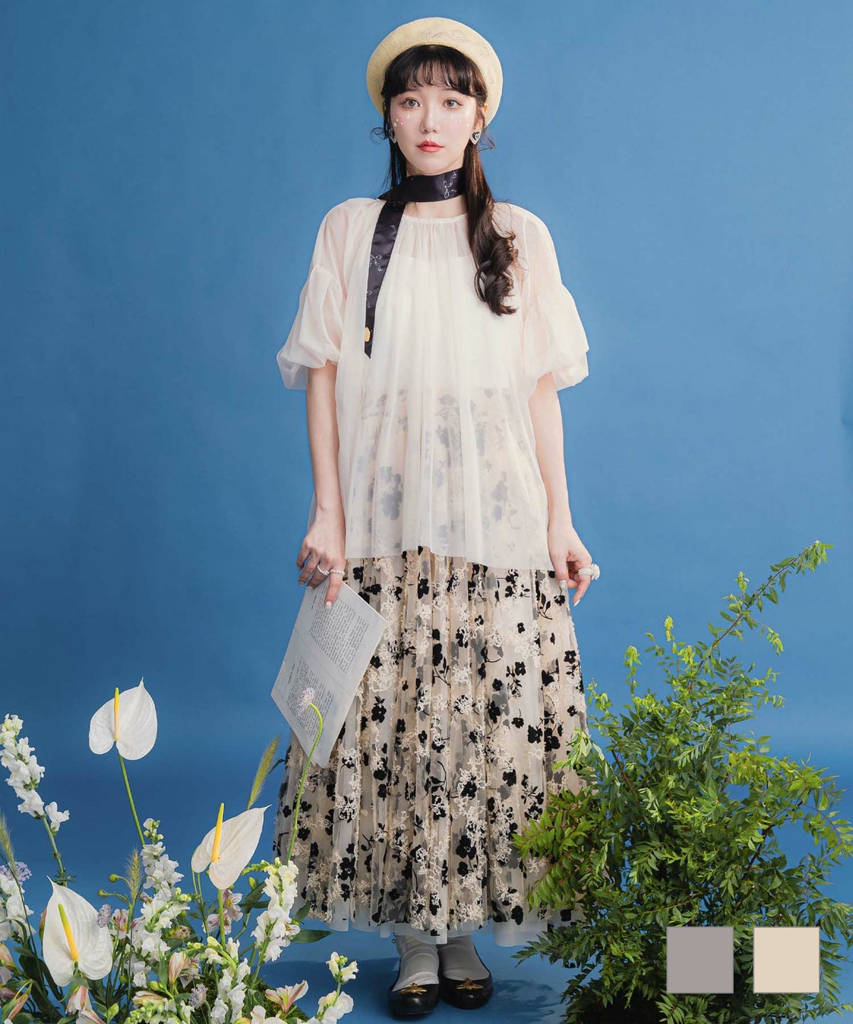 レディース オールシーズン 透け感 ウエストゴム ボリューム チュール レイヤード トップス miolite