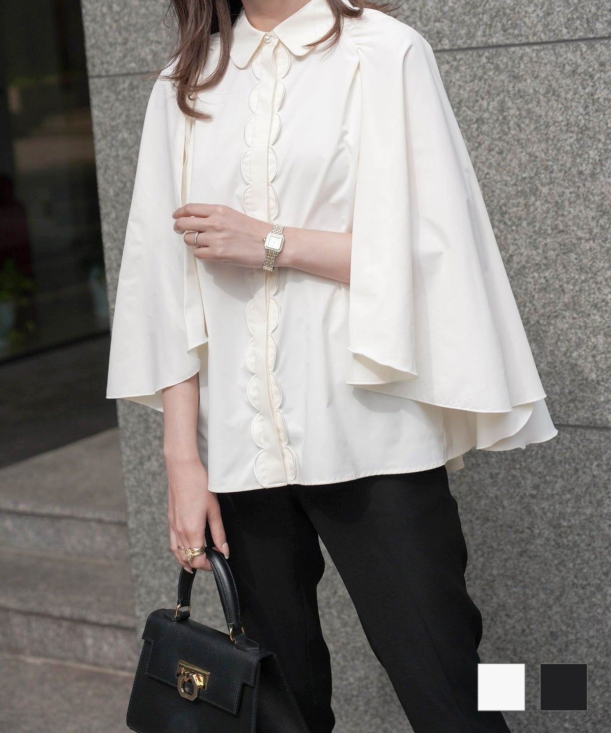 ブラウス スカラップ ケープ ブラウス アイボリー ブラック M スカラップ ケープ ブラウス HUIT