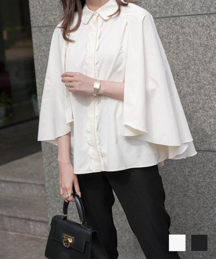 ブラウス スカラップ ケープ ブラウス アイボリー ブラック M スカラップ ケープ ブラウス HUIT