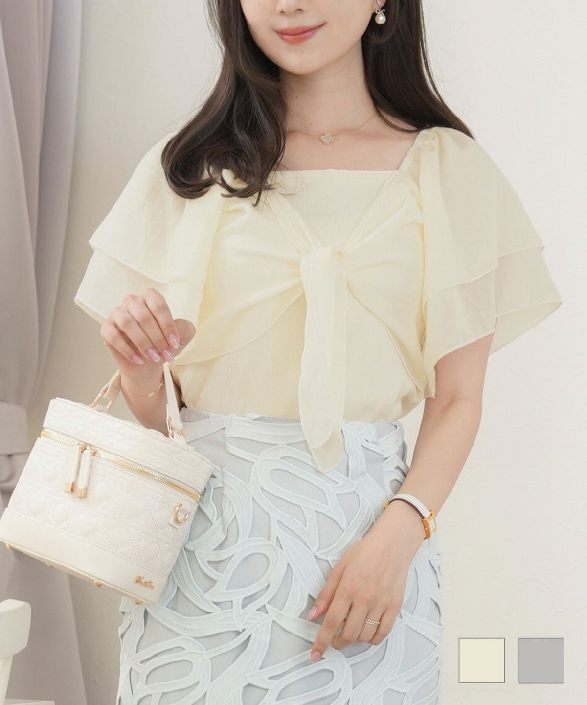 トップス カットソー 異素材 バタフライスリーブ フレンチスリーブ レイヤード シフォン リブ フロント リボン 異素材 トップス le reve vaniller