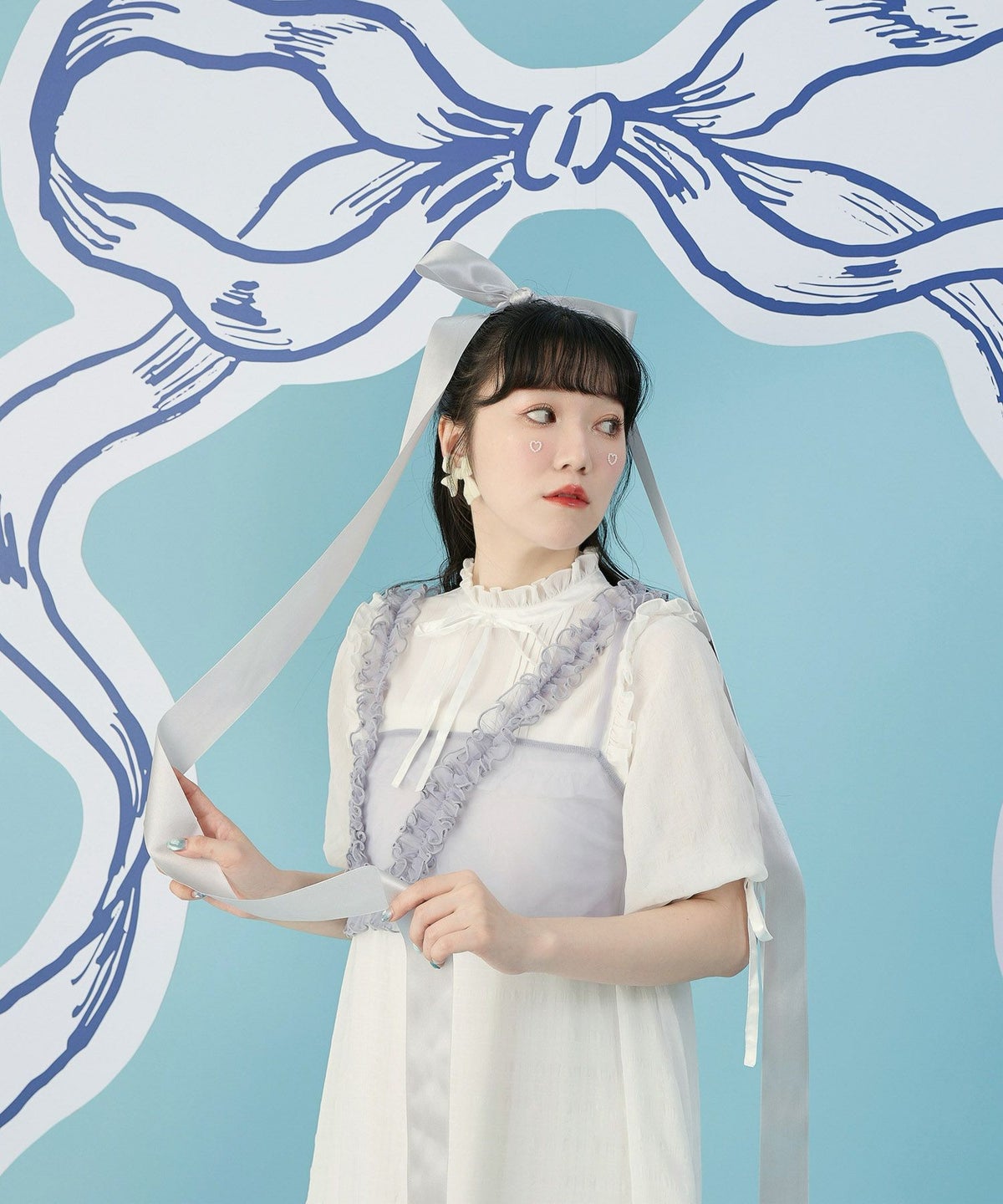 アシンメトリー 春 夏 リボン レースアップ /グレー/ピンクベージュ/M