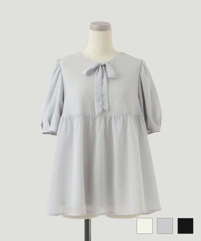 トップス シアー チェック リボン ブラウス ホワイト ライトグレー ブラック M シアー チェック リボン ブラウス HUIT