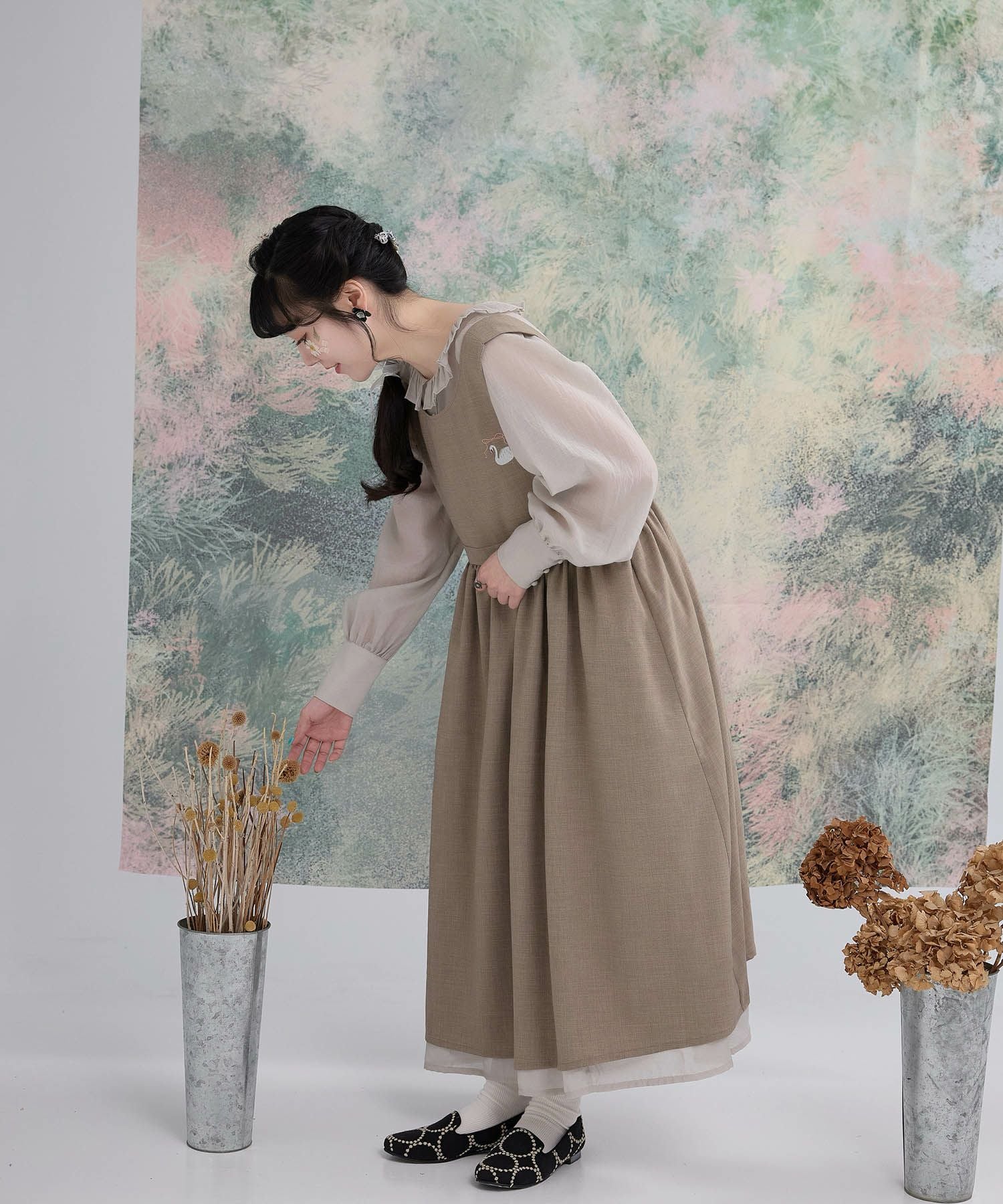 スワン 刺繍 エプロン ワンピース