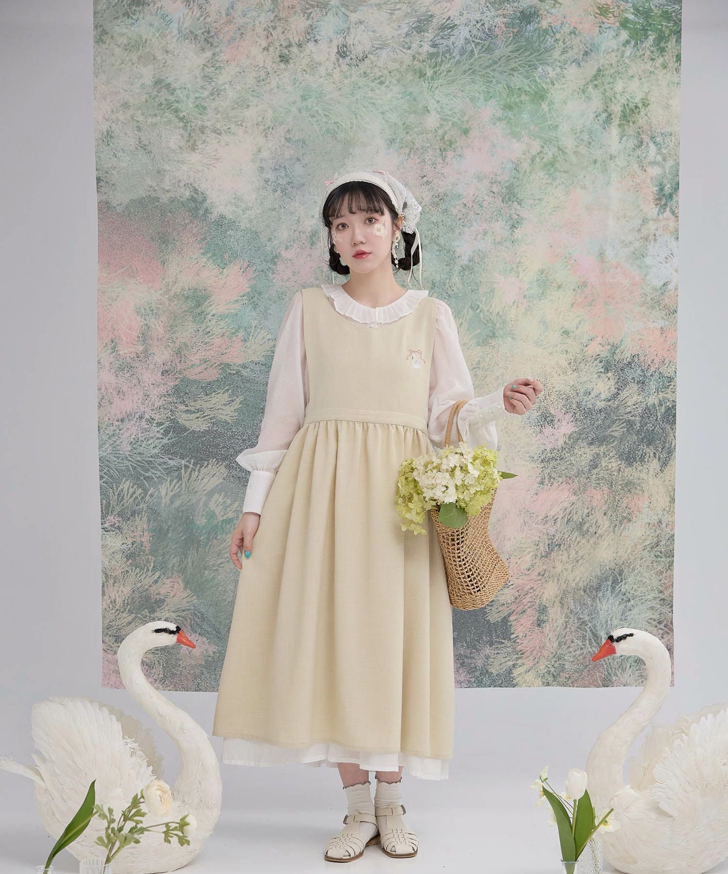 スワン 刺繍 エプロン ワンピース