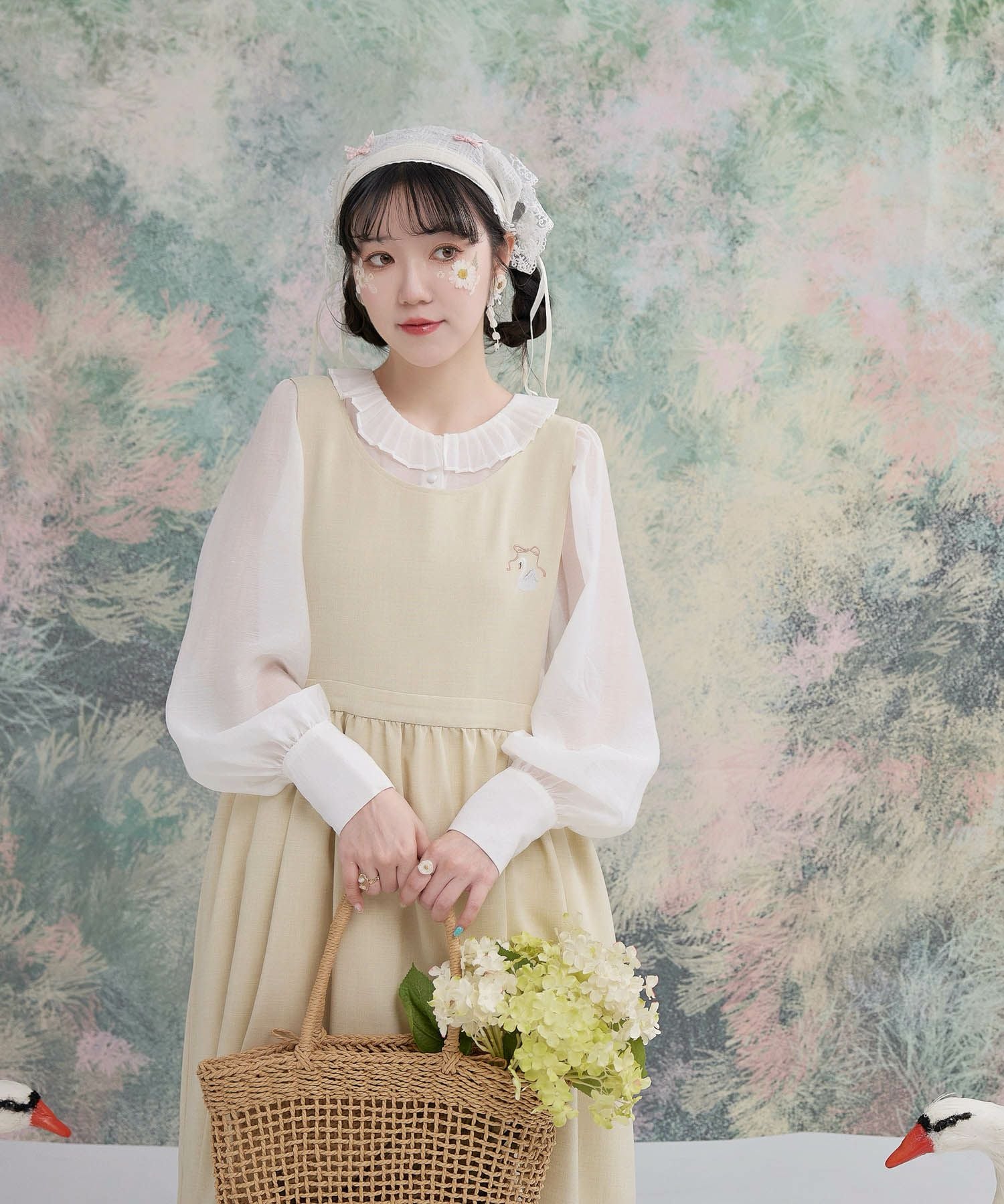 スワン 刺繍 エプロン ワンピース