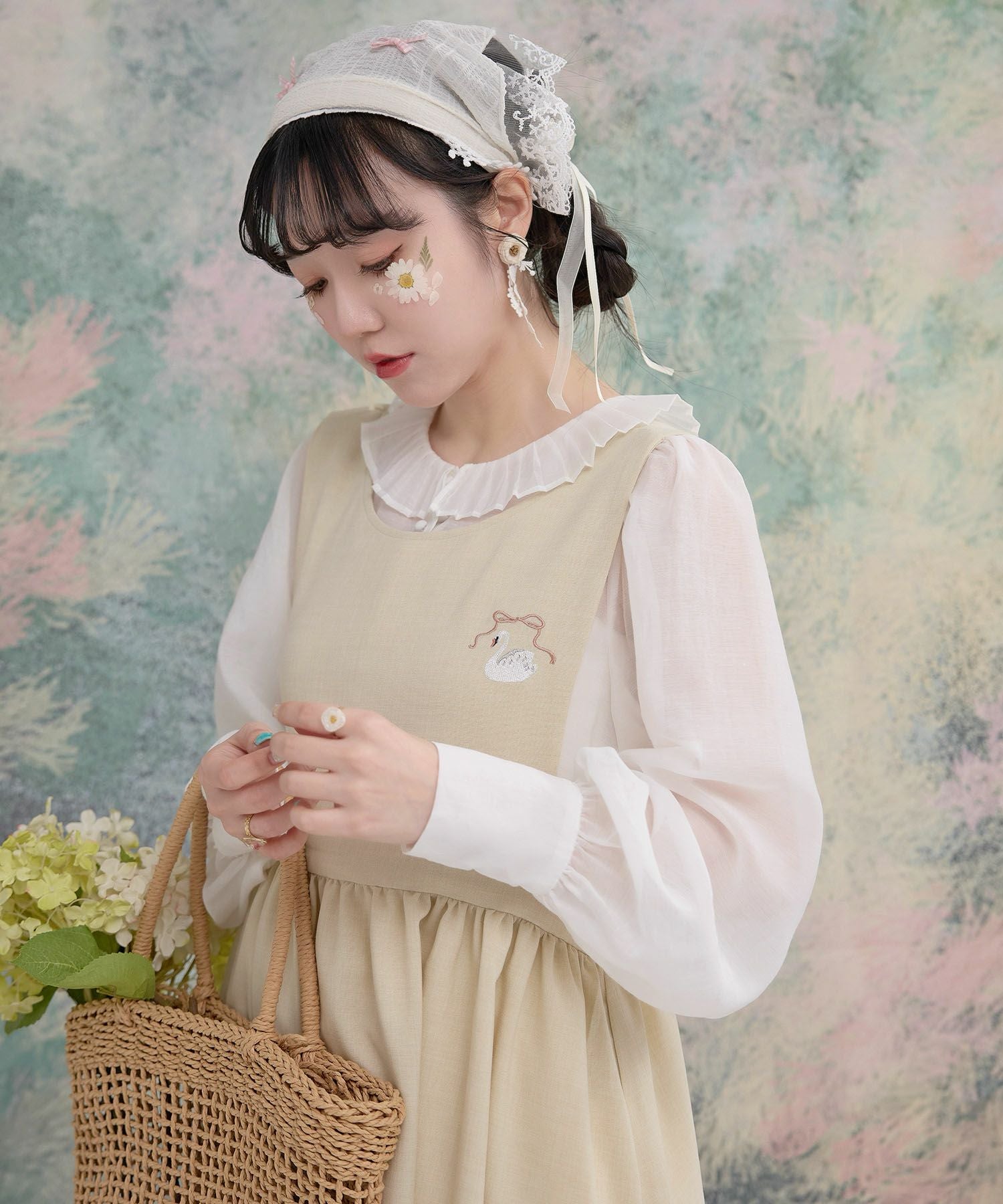 スワン 刺繍 エプロン ワンピース