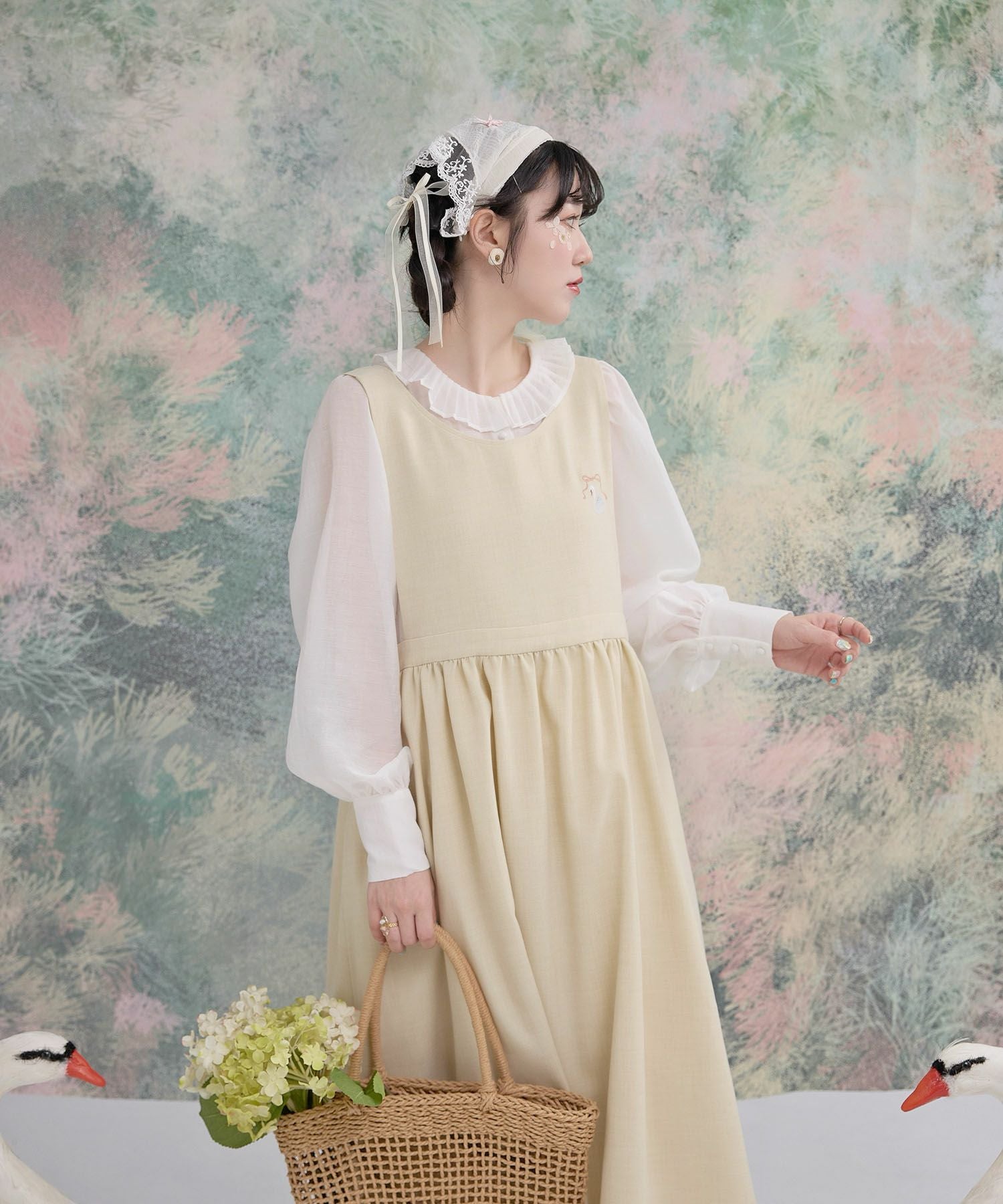 スワン 刺繍 エプロン ワンピース