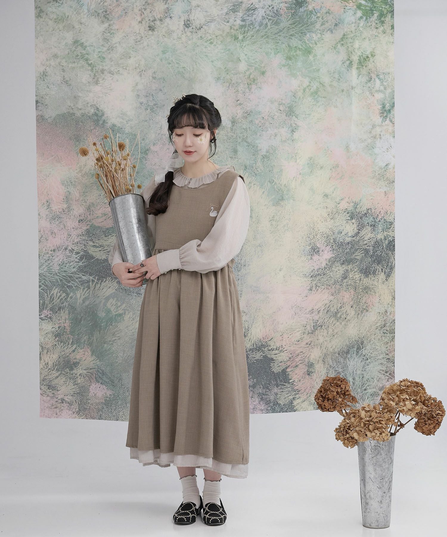 スワン 刺繍 エプロン ワンピース