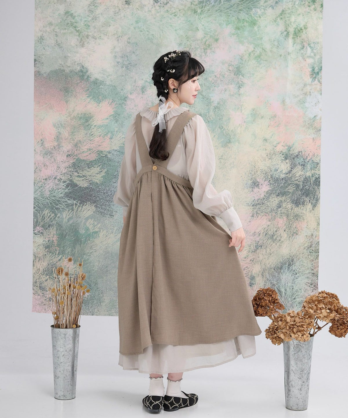 刺繍 ギャザー リネンライク バックオープン 夏/アイボリー/ブラウン/M