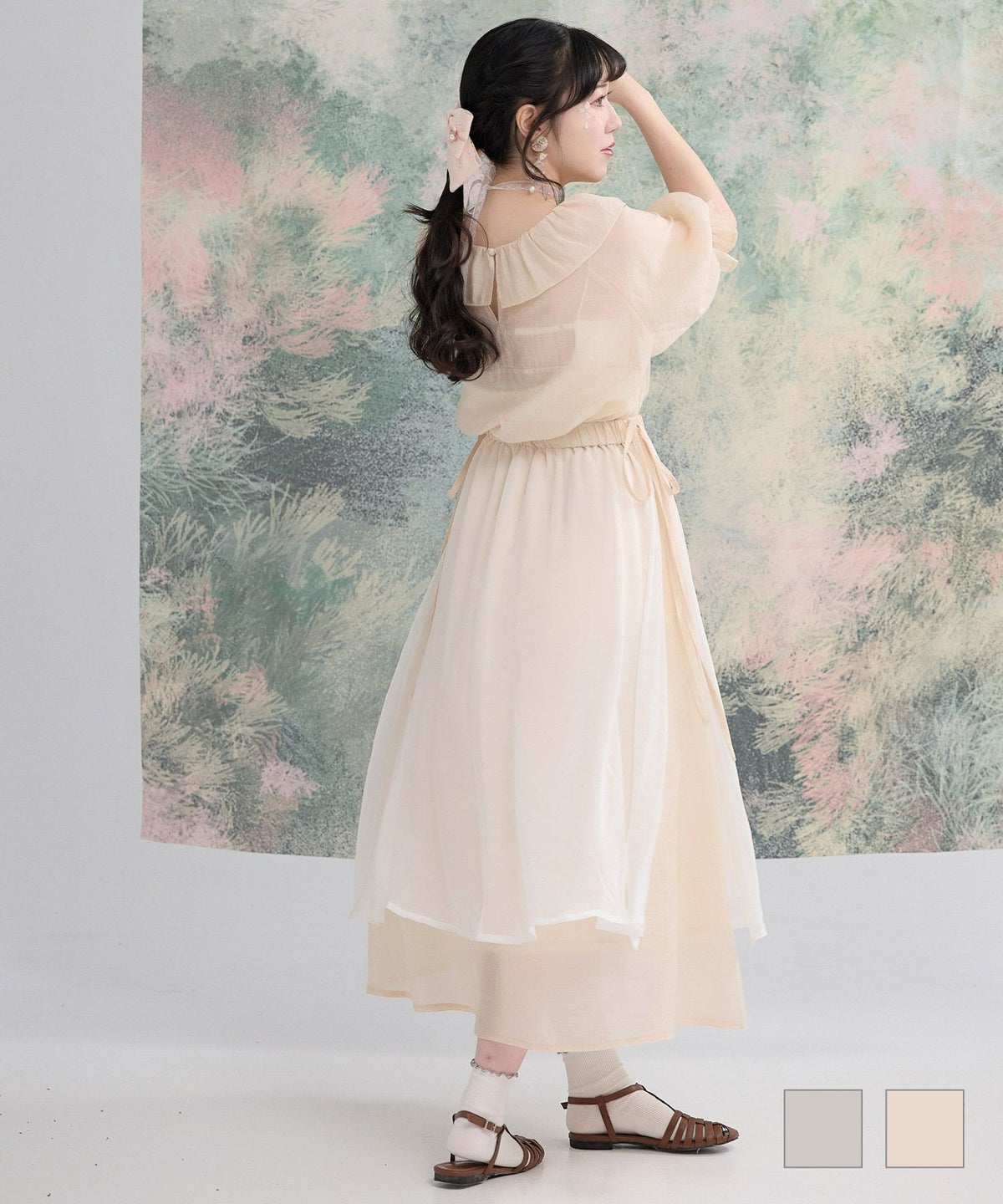 Aライン スリット リボン レイヤード 夏 ロング レイヤード 配色 シアー スカート miolite