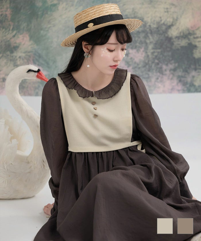 ショート丈 刺繍 リネンライク リボン ハート ボタン ベスト miolite