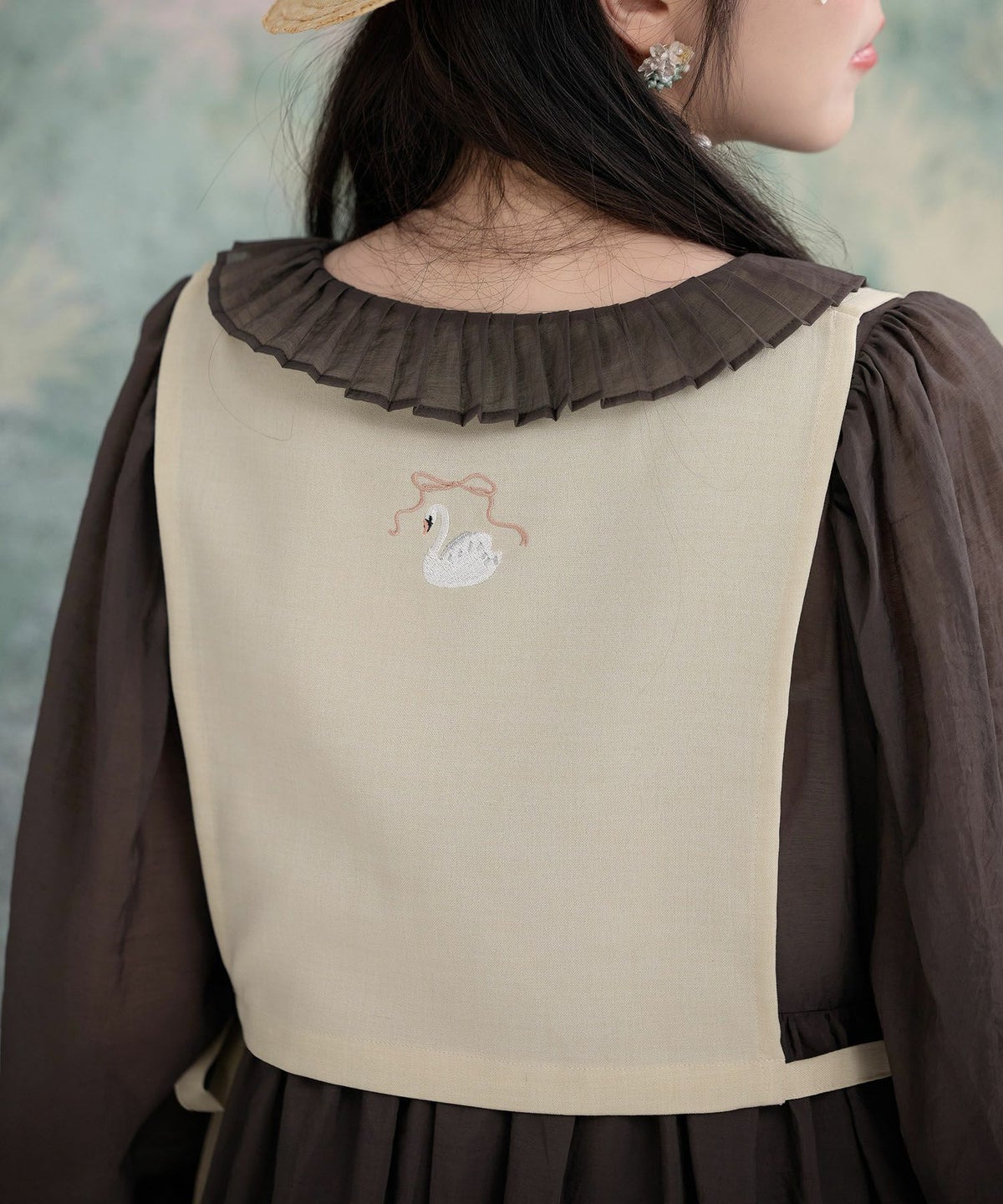 ショート丈 刺繍 リネンライク リボン/アイボリー/ブラウン/M