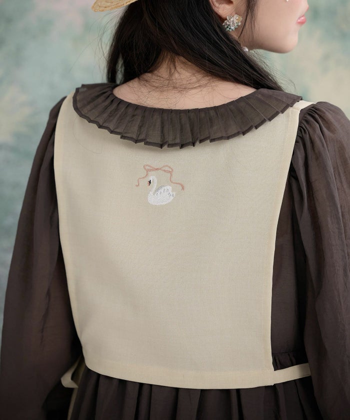 ショート丈 刺繍 リネンライク リボン/アイボリー/ブラウン/M