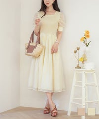 ワンピース リブ ドッキング シアー ドレッシー パワショル袖 フレア パール 半袖 リブ ドッキング パワショル シアー ワンピース le reve vaniller