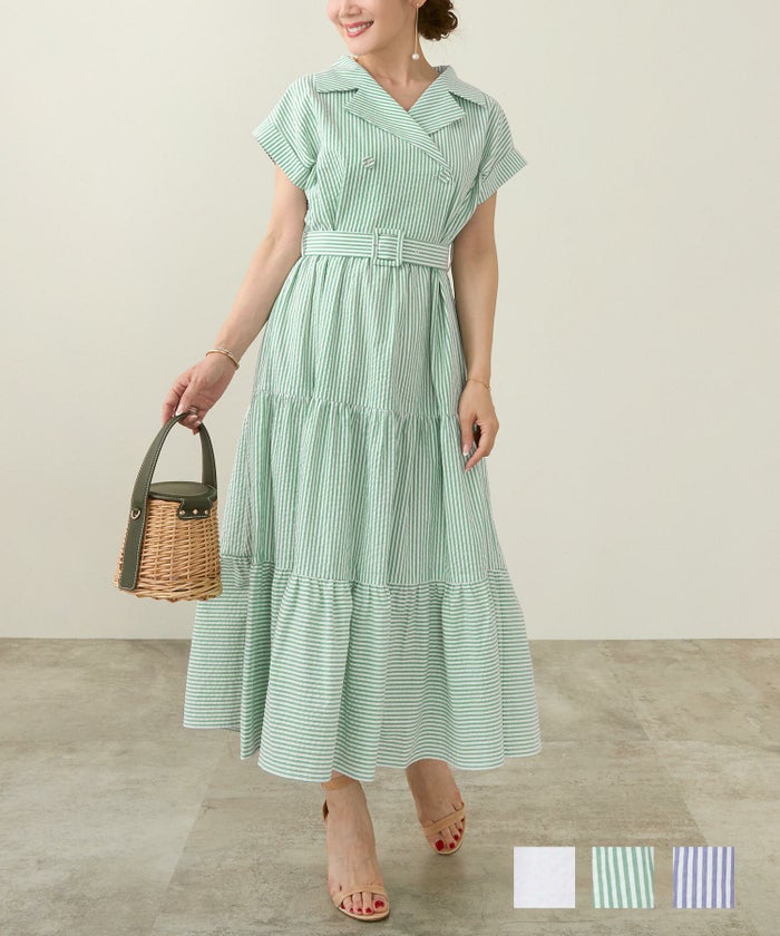 手洗い可 大人 コーデ 着痩せ コットン 白 ストライプ シャツ 30代 40代 レディース 夏 ウエストマーク ジョイントスペース テーラー襟 ベルト付き ティアード ワンピース Liala×PG