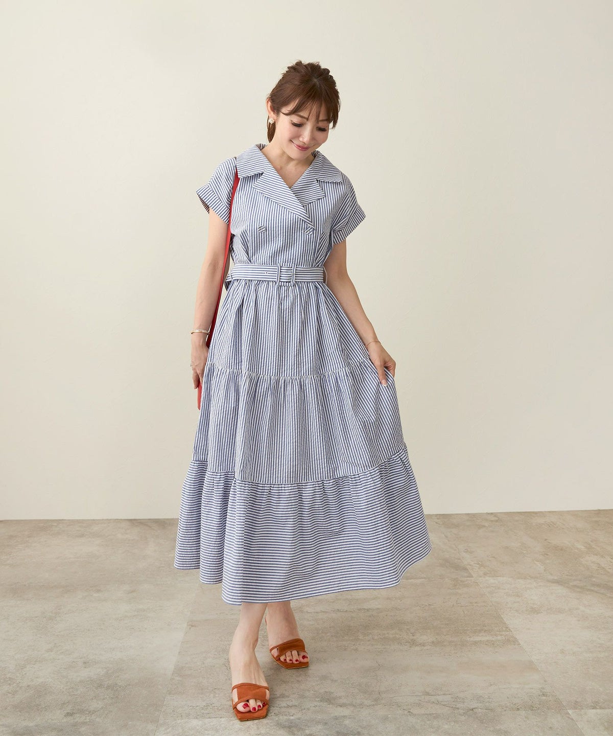 手洗い可 大人 コーデ 着痩せ コットン 白 ストライプ シャツ 30代 40代 レディース 夏 ウエストマーク ジョイントスペース