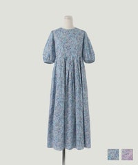 ワンピース パフスリーブ ロング ワンピース ブルー ピンク S M パフスリーブ ロング ワンピース Made with Liberty Fabric HUIT