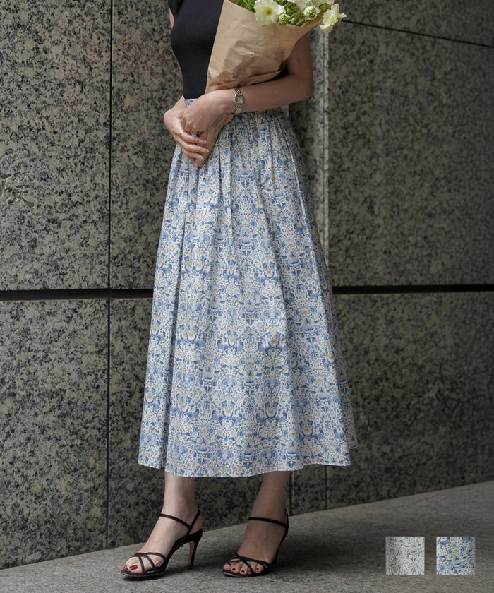 スカート タック フレア スカート グレー ブルー S M タック フレア スカート Made with Liberty Fabric HUIT