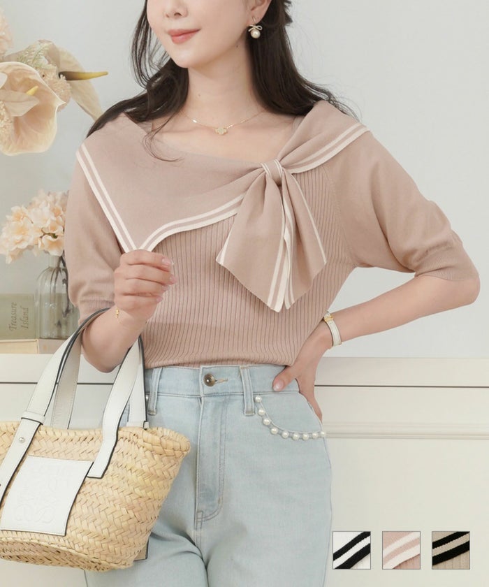 ニット トップス オフショル リボン 配色 アシメ 半袖 バイカラー セーラー襟 アシメ リボン ニット le reve vaniller