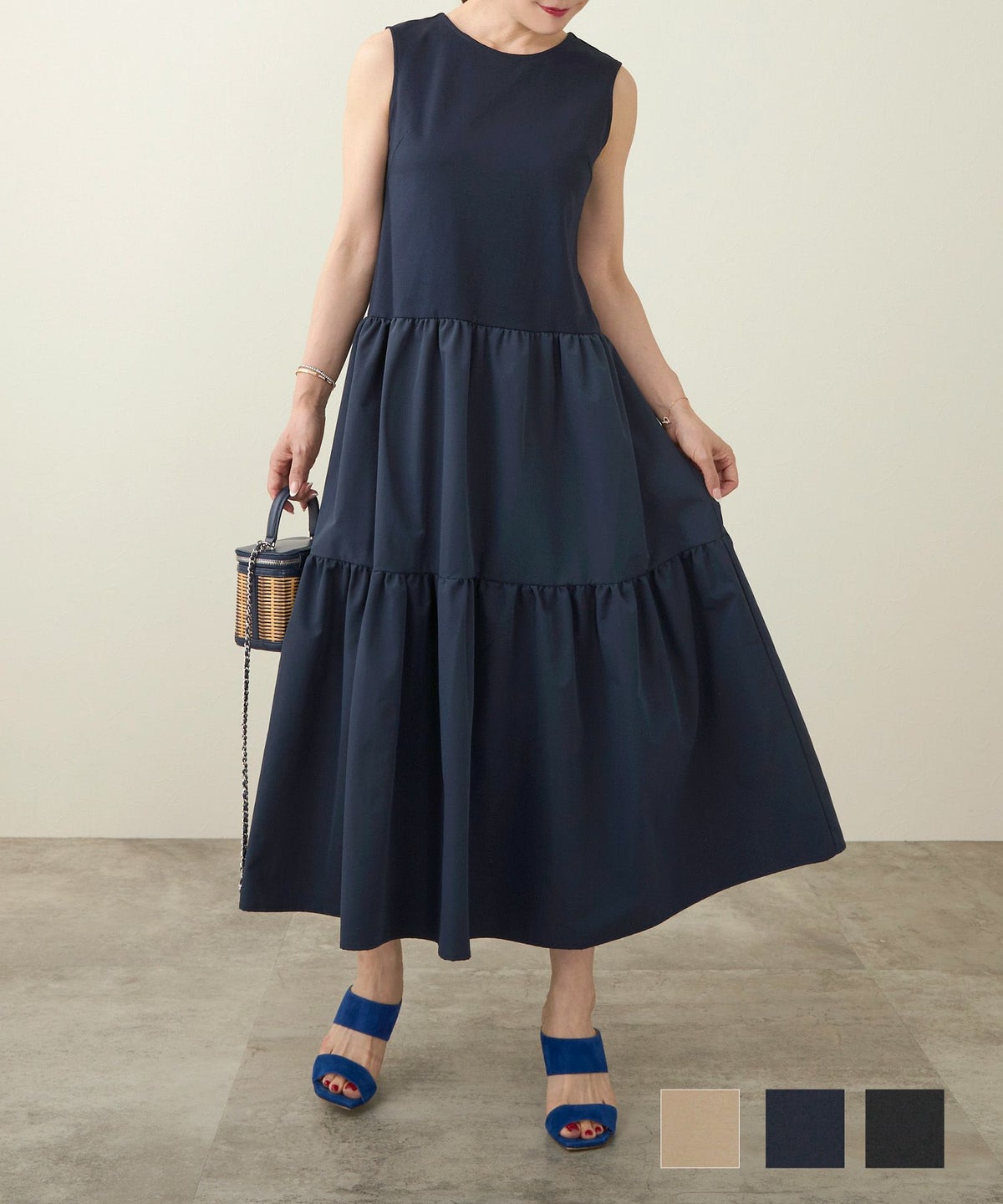 手洗い可 ノースリ ワンピース コットン レディース 黒 着回し 無地 春夏 きれいめ カジュアル かわいい 大人 体型カバー ジョイントスペース バックVリボン ノースリ ティアード ワンピース Liala×PG